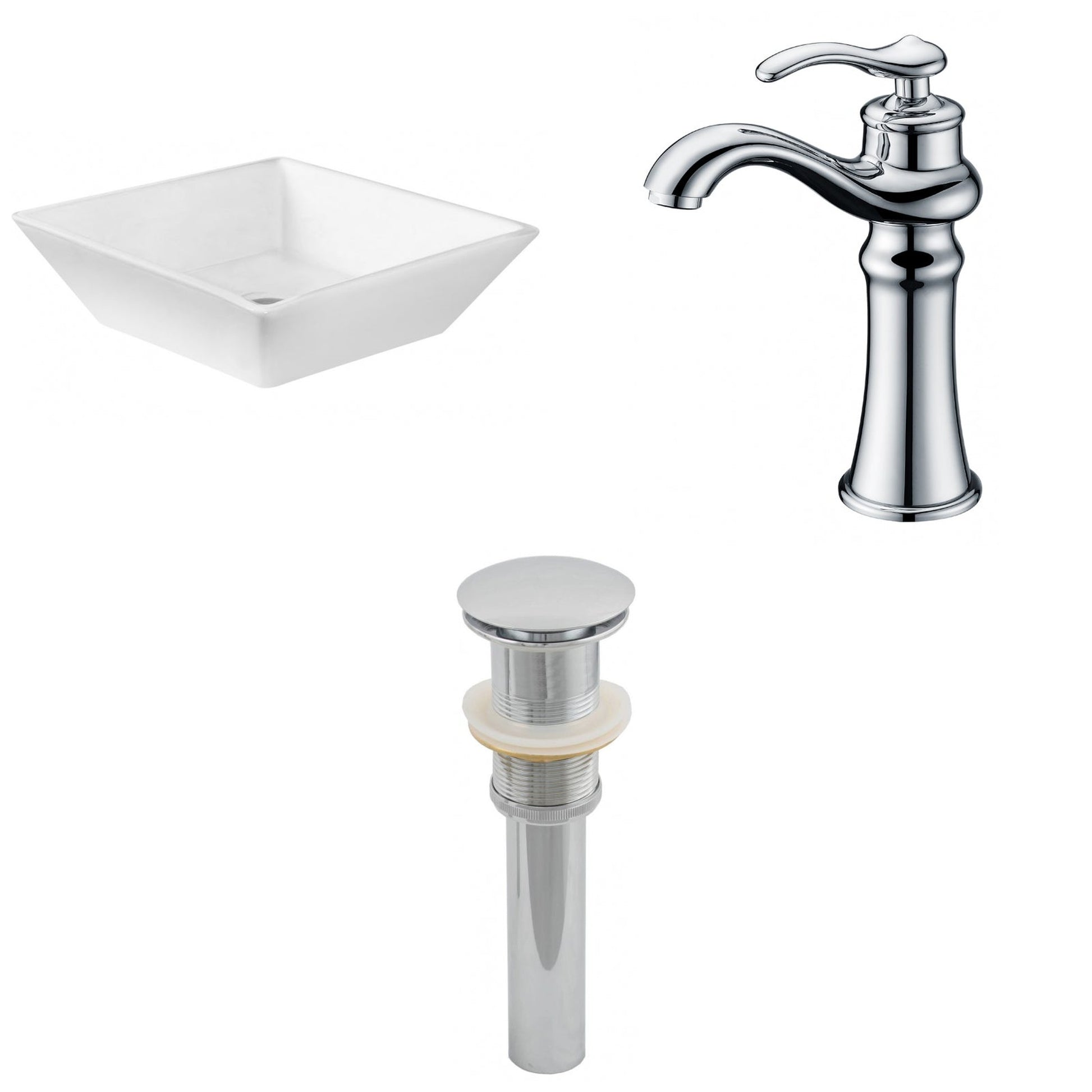 American Imaginations AI-15411 16" White Square Ceramic Above Counter Bathroom Vessel Sink Set