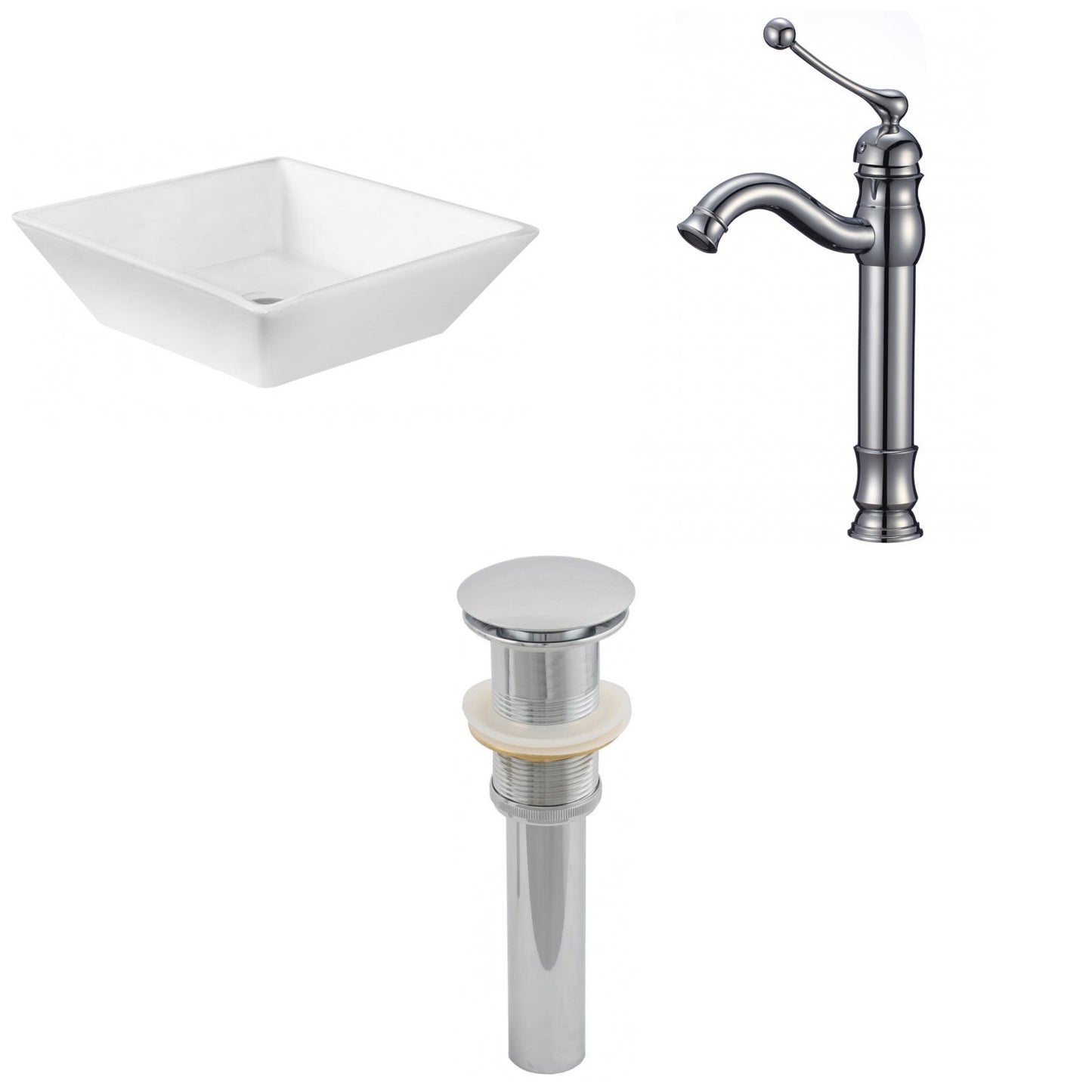 American Imaginations AI-15412 16" White Square Ceramic Above Counter Bathroom Vessel Sink Set