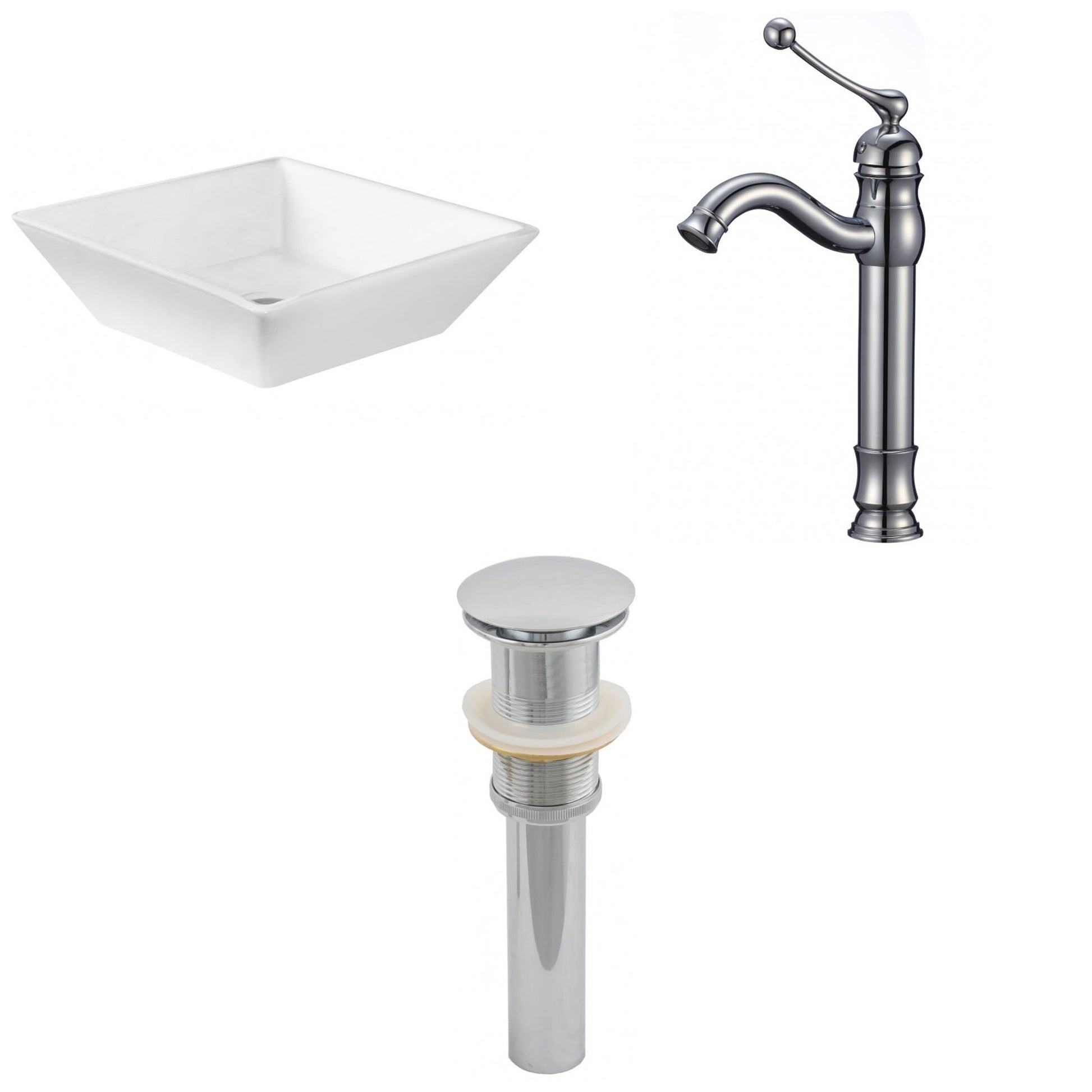 American Imaginations AI-15412 16" White Square Ceramic Above Counter Bathroom Vessel Sink Set