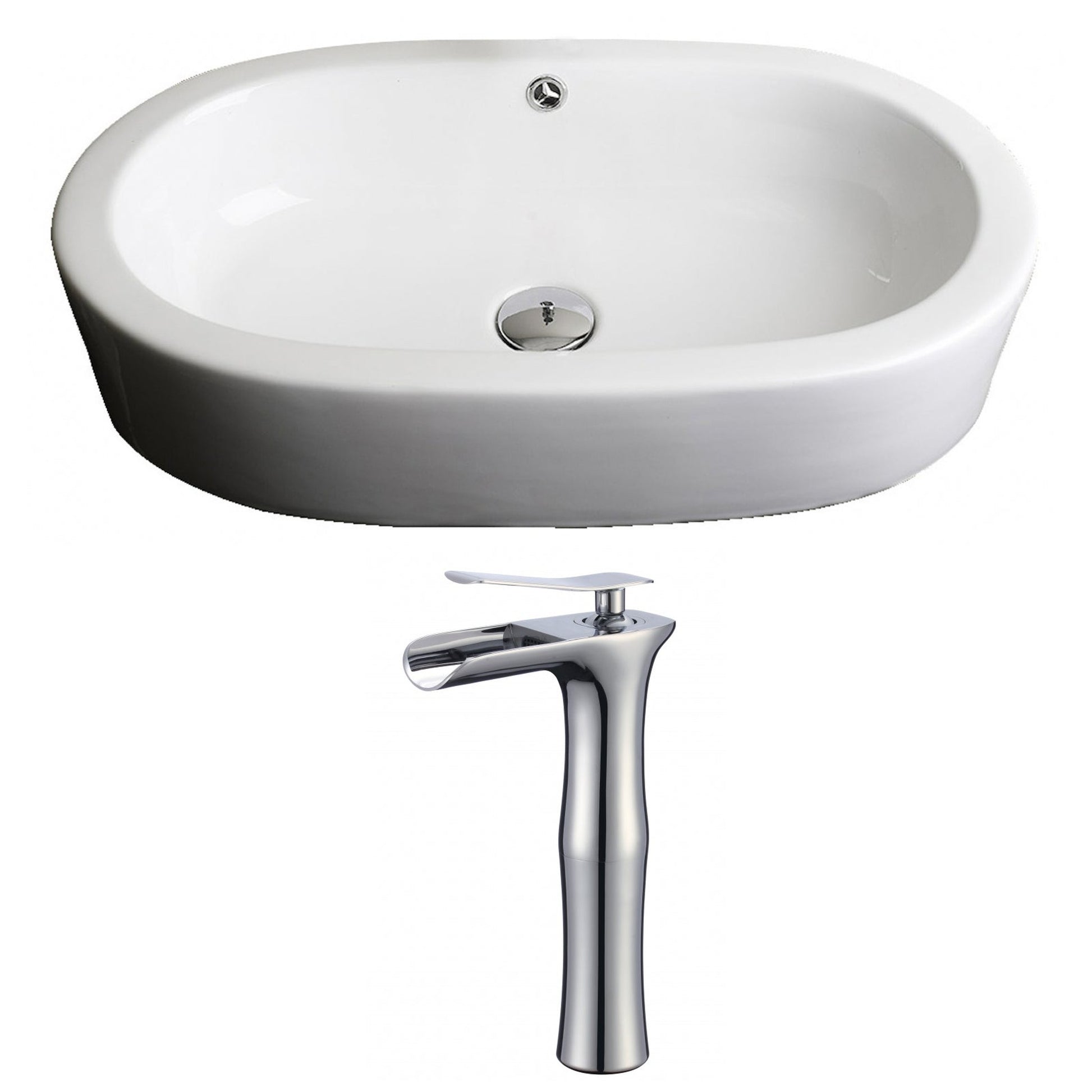 American Imaginations AI-17809 25" White Oval Ceramic Semi-Recessed Bathroom Vessel Sink Set