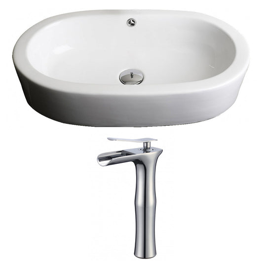 American Imaginations AI-17809 25" White Oval Ceramic Semi-Recessed Bathroom Vessel Sink Set