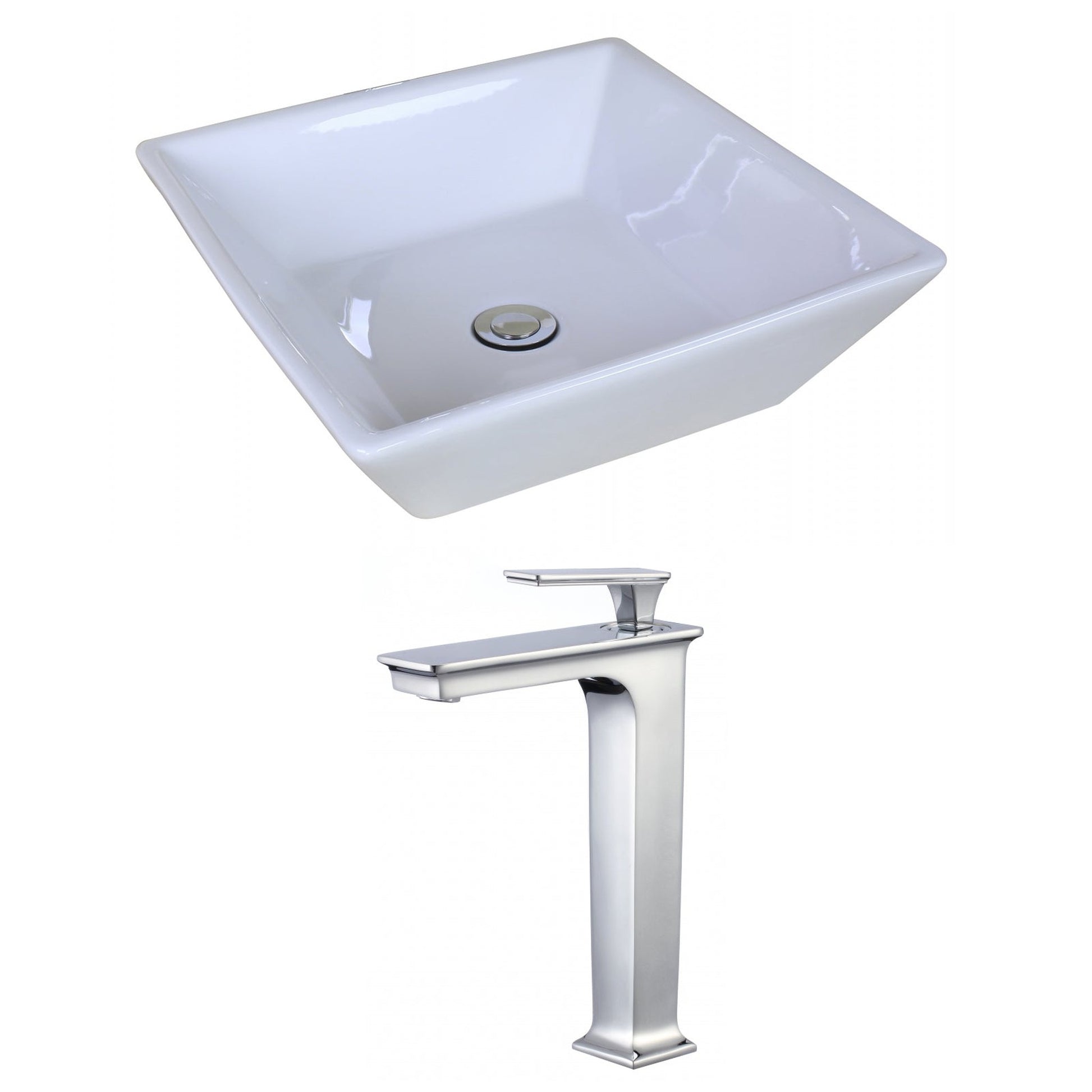 American Imaginations AI-17953 16" White Square Ceramic Above Counter Bathroom Vessel Sink Set