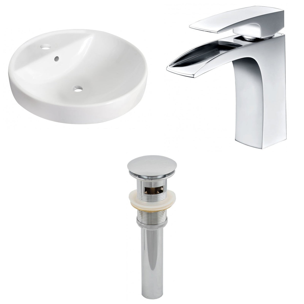 American Imaginations AI-26165 18" White Round Ceramic Drop In Bathroom Vessel Sink Set