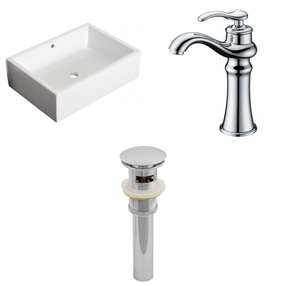 American Imaginations AI-26169 20" White Rectangular Ceramic Above Counter Bathroom Vessel Sink Set