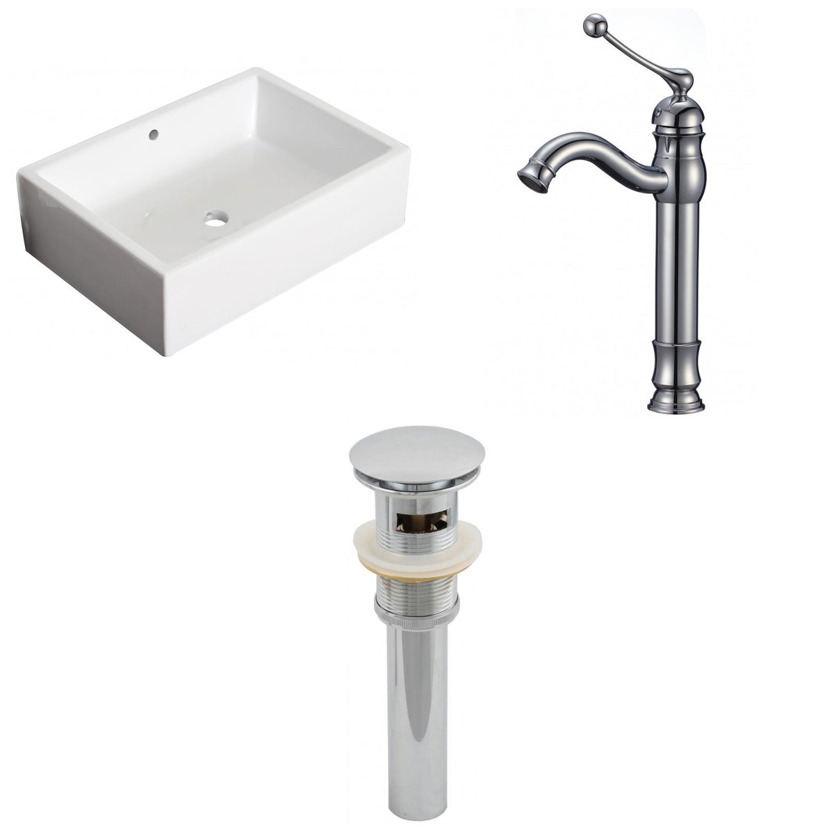 American Imaginations AI-26170 20" White Rectangular Ceramic Above Counter Bathroom Vessel Sink Set