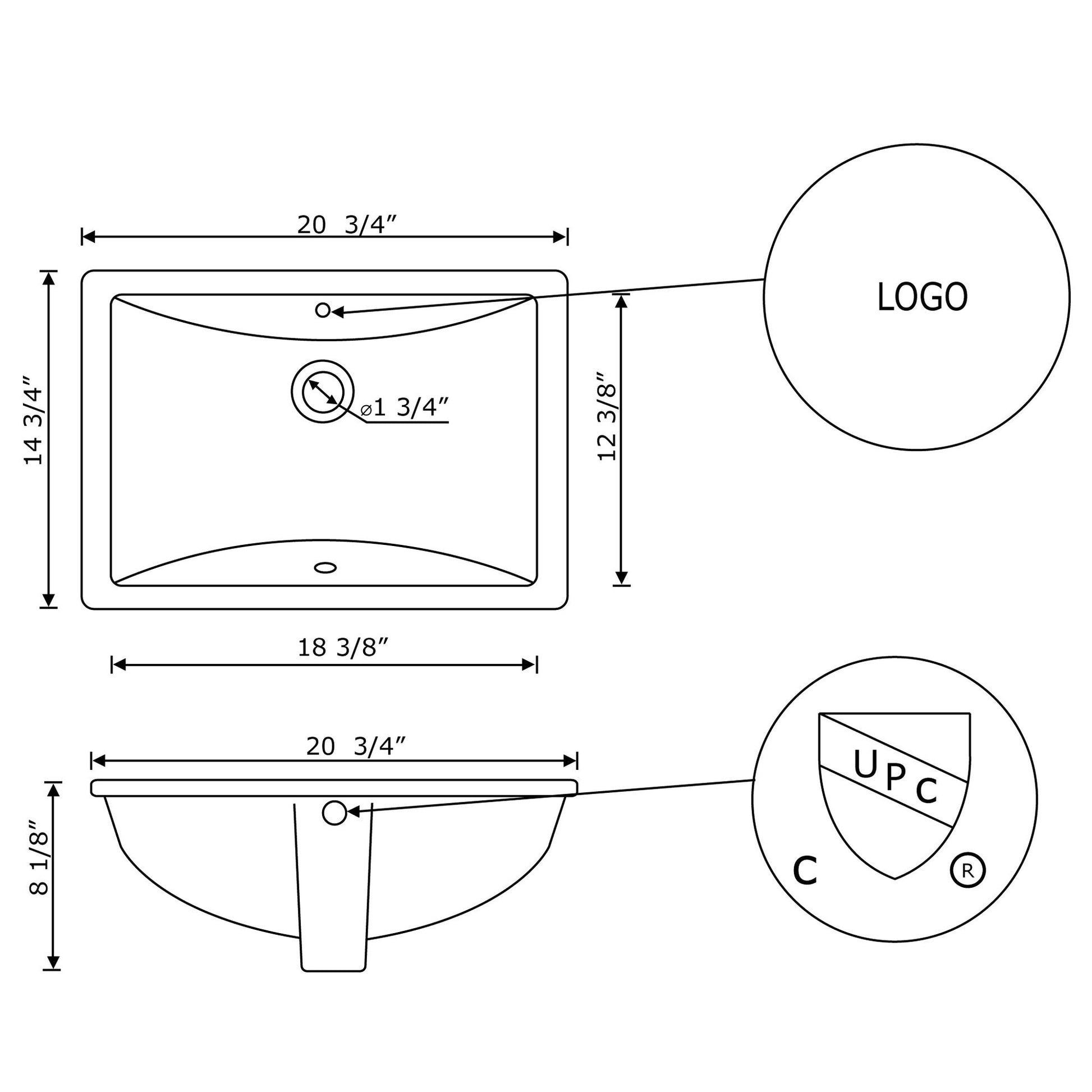 American Imaginations AI-27733 Rectangle White Ceramic Bathroom Undermount Sink with Enamel Glaze Finish