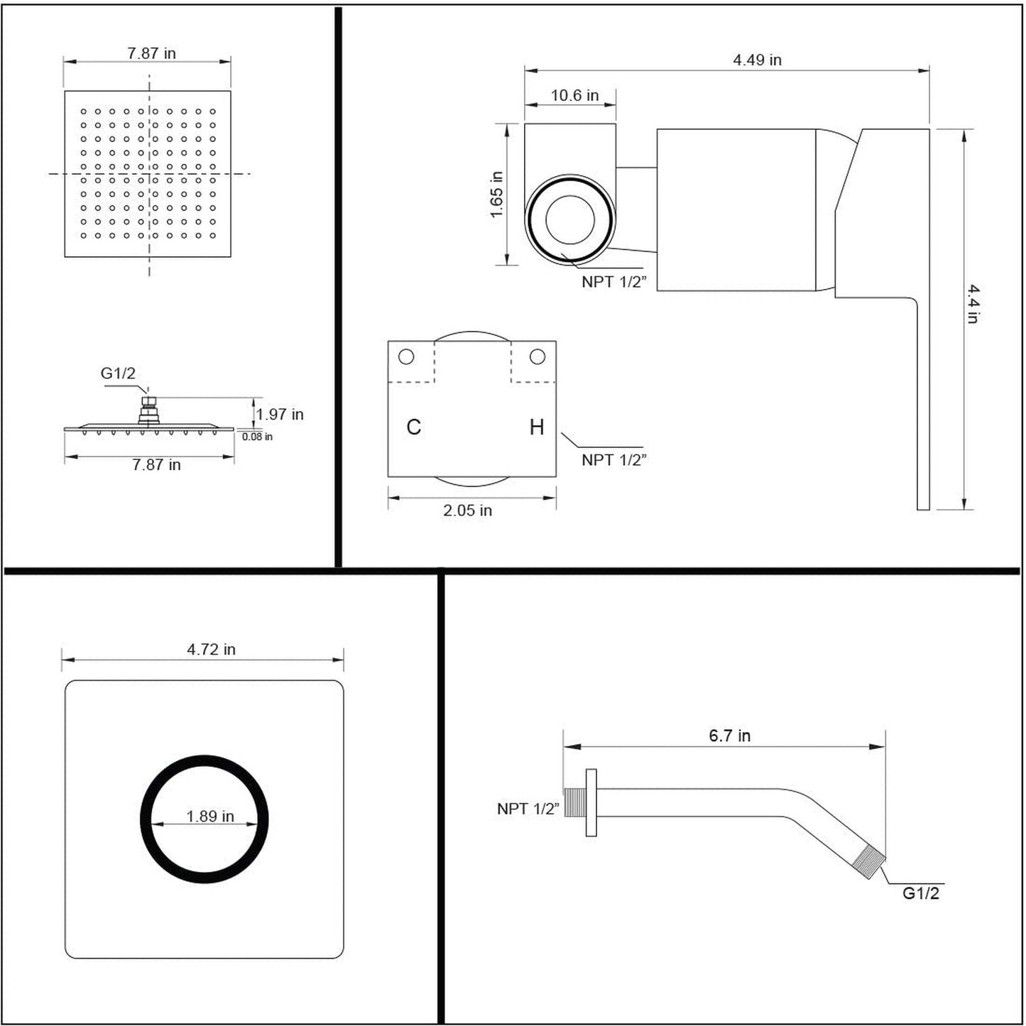 American Imaginations AI-34363 8" Black Rectangle Stainless Steel Transitional Shower Kit
