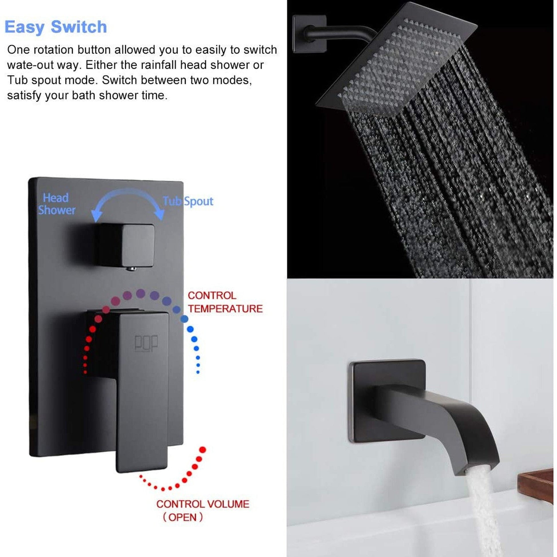 American Imaginations AI-34364 8" Black Rectangle Stainless Steel Transitional Shower Kit