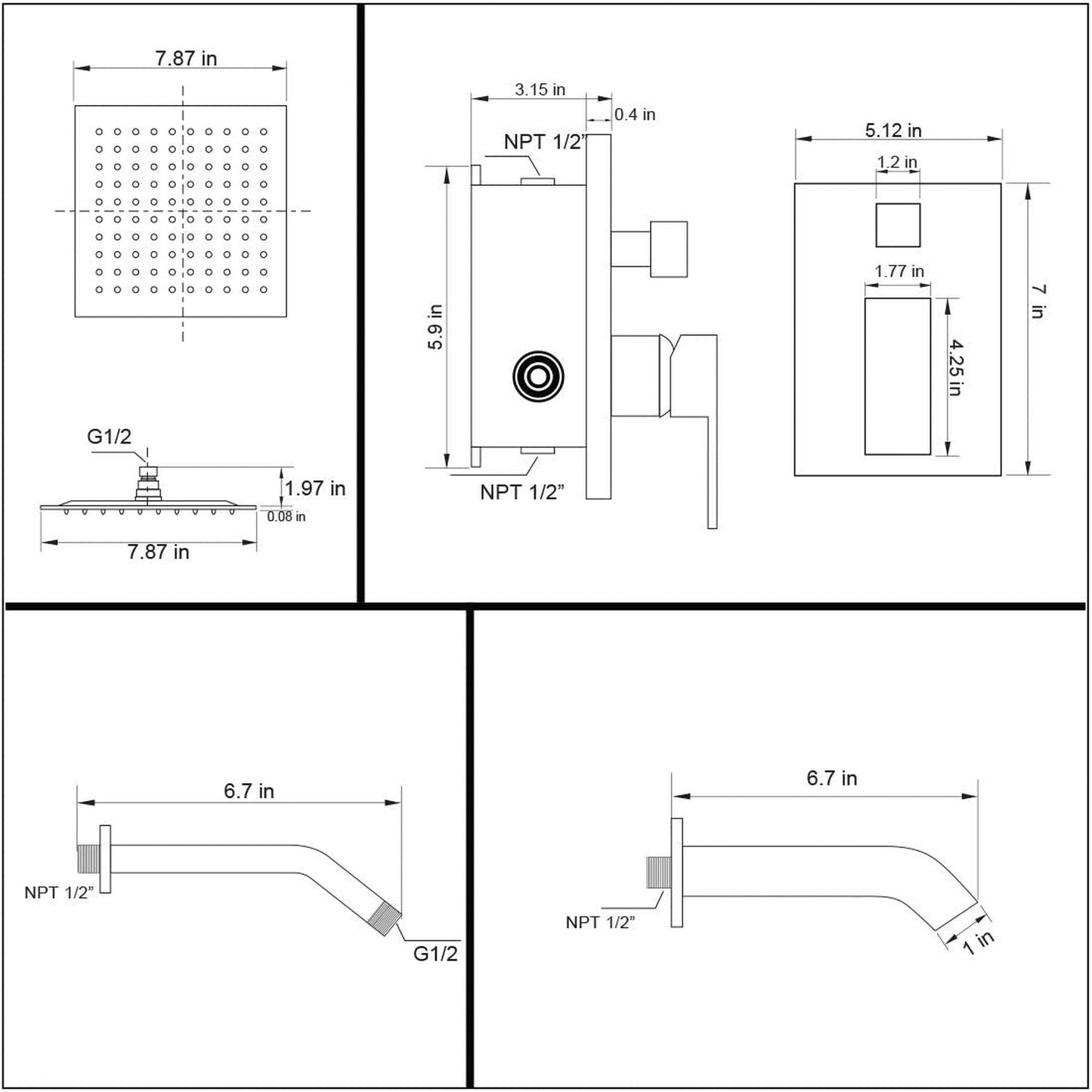 American Imaginations AI-34364 8" Black Rectangle Stainless Steel Transitional Shower Kit