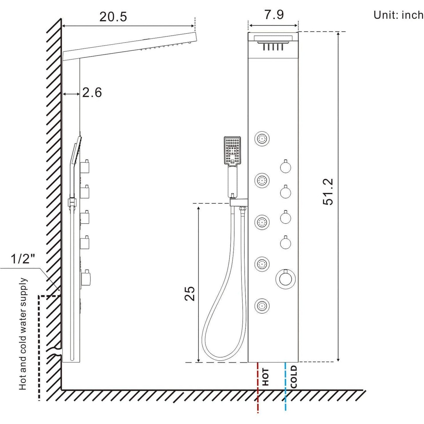 American Imaginations AI-34370 8" Brushed Stainless Steel Rectangle Stainless Steel Modern Shower Panel