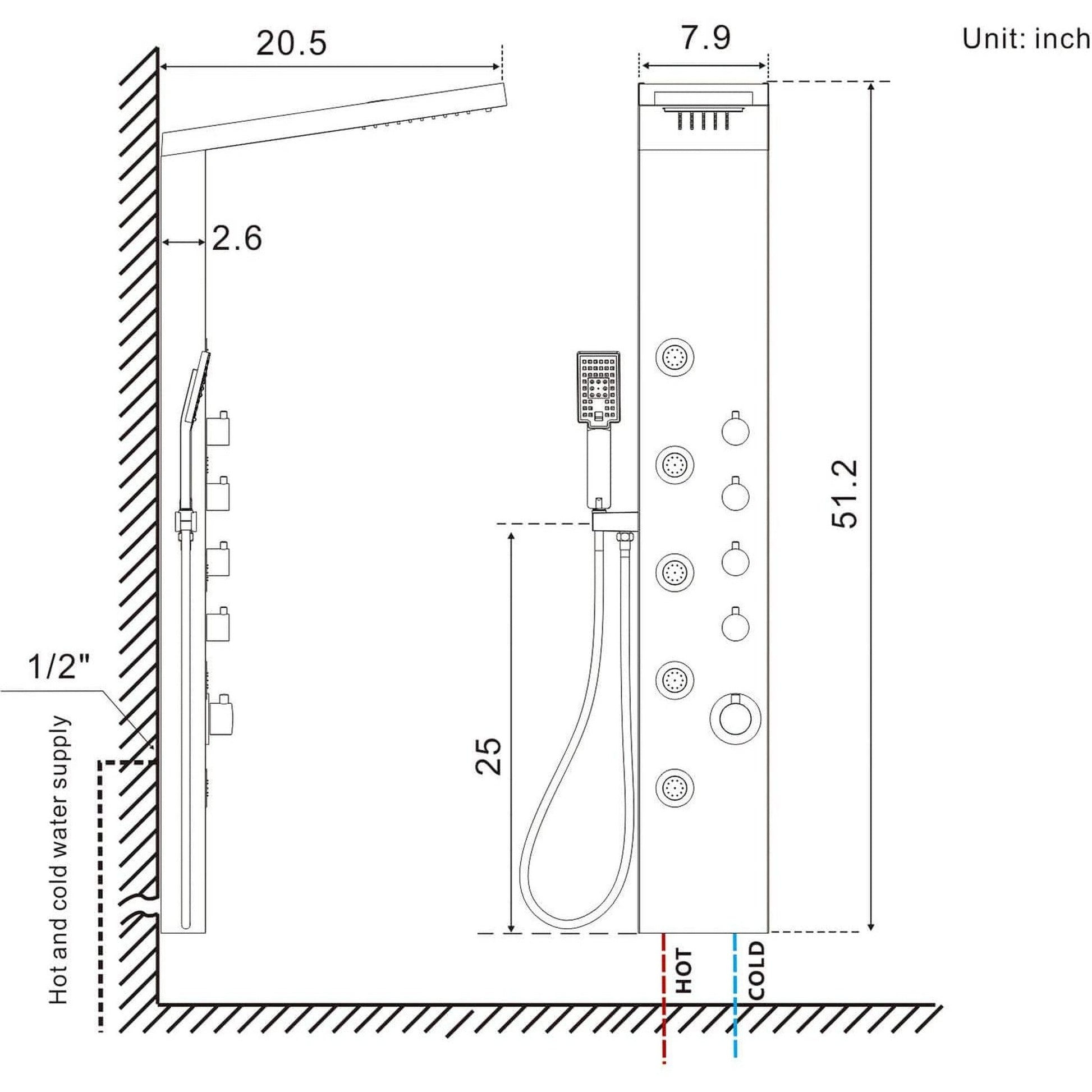 American Imaginations AI-34370 8" Brushed Stainless Steel Rectangle Stainless Steel Modern Shower Panel