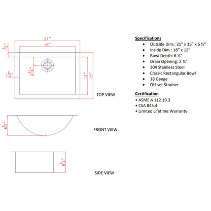 American Imaginations AI-34387 21" Stainless Steel Rectangle Stainless Steel Modern Bathroom Sink