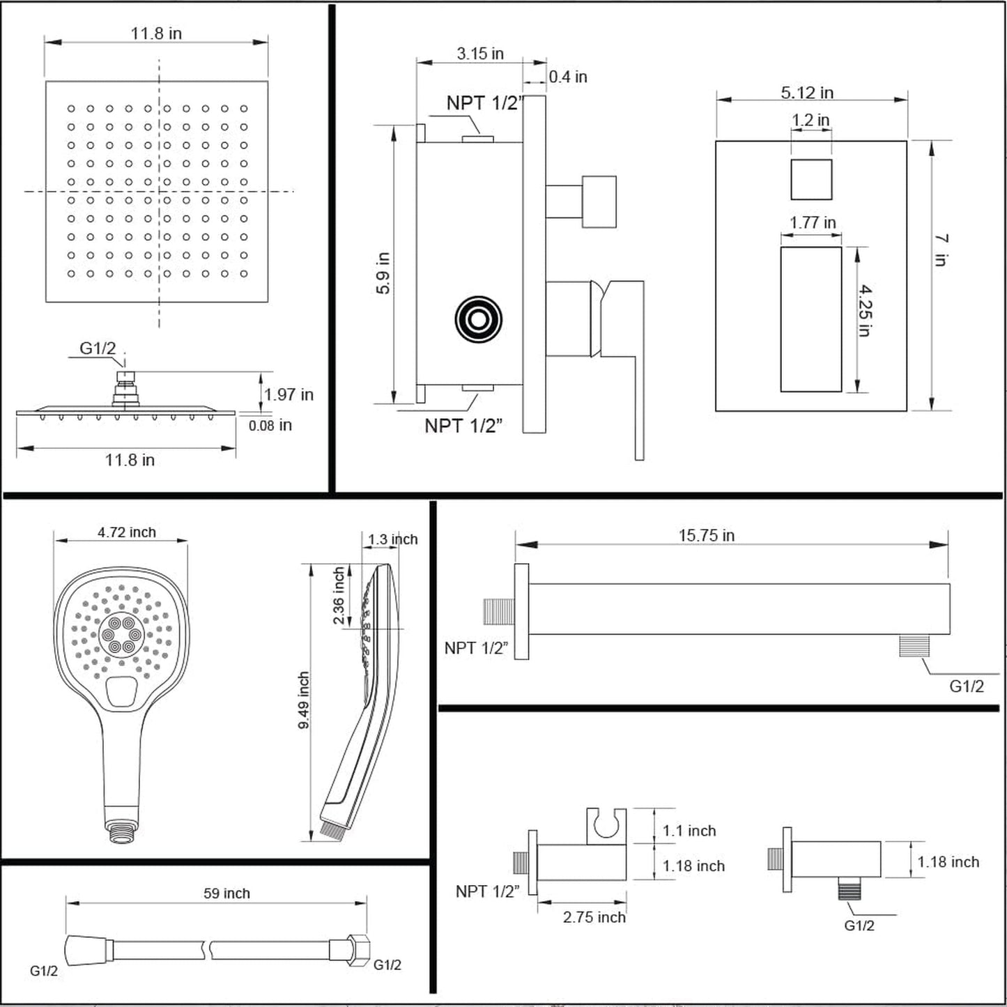 American Imaginations AI-36142 8" Black Square Stainless Steel Modern Shower Kit