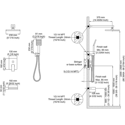 American Imaginations AI-36146 13" Matte Black Square Metal Modern Shower Kit