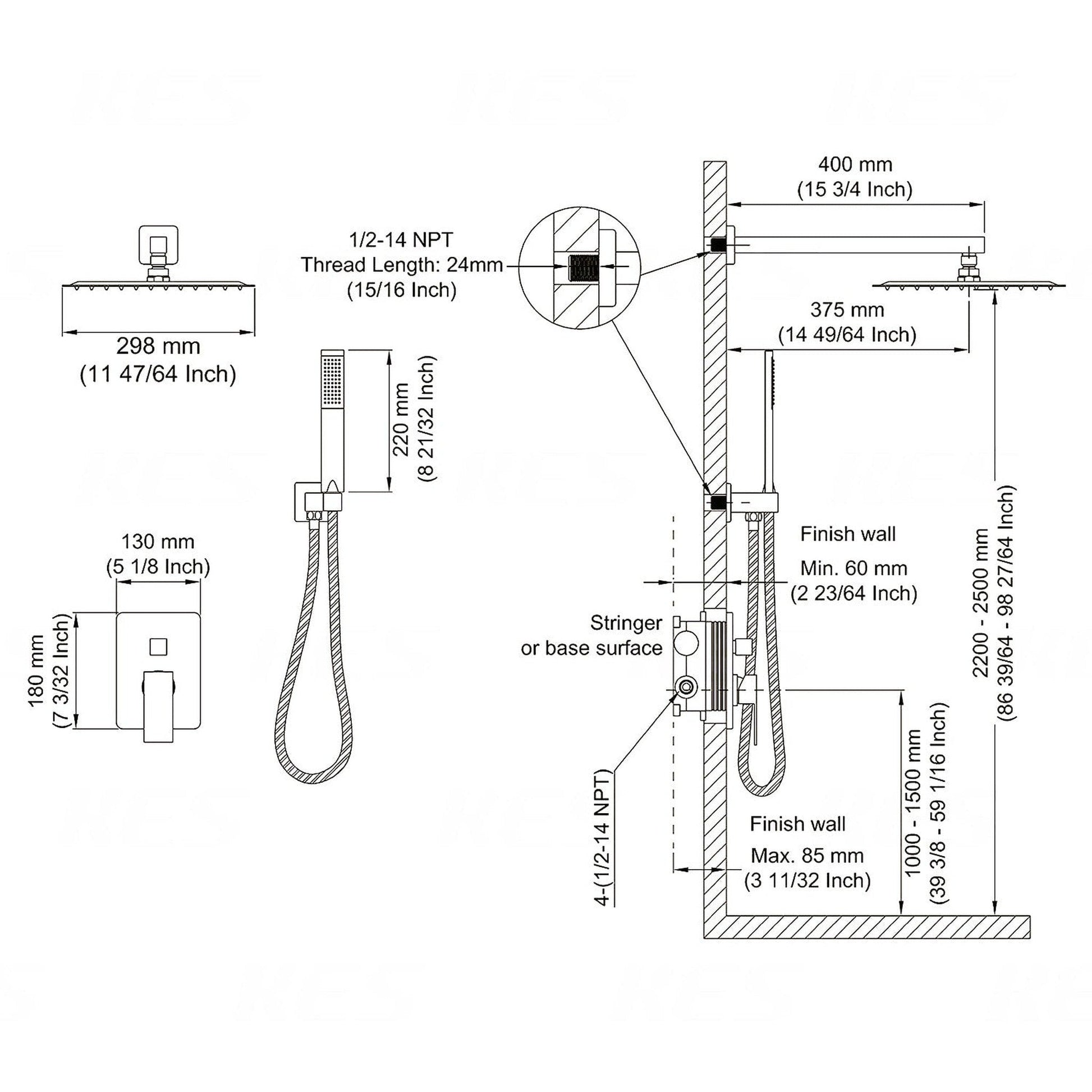 American Imaginations AI-36165 14" Brushed Nickel Rectangle Stainless Steel Modern Shower Kit