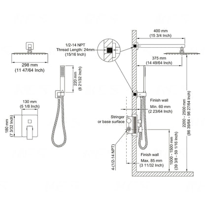 American Imaginations AI-36165 14" Brushed Nickel Rectangle Stainless Steel Modern Shower Kit