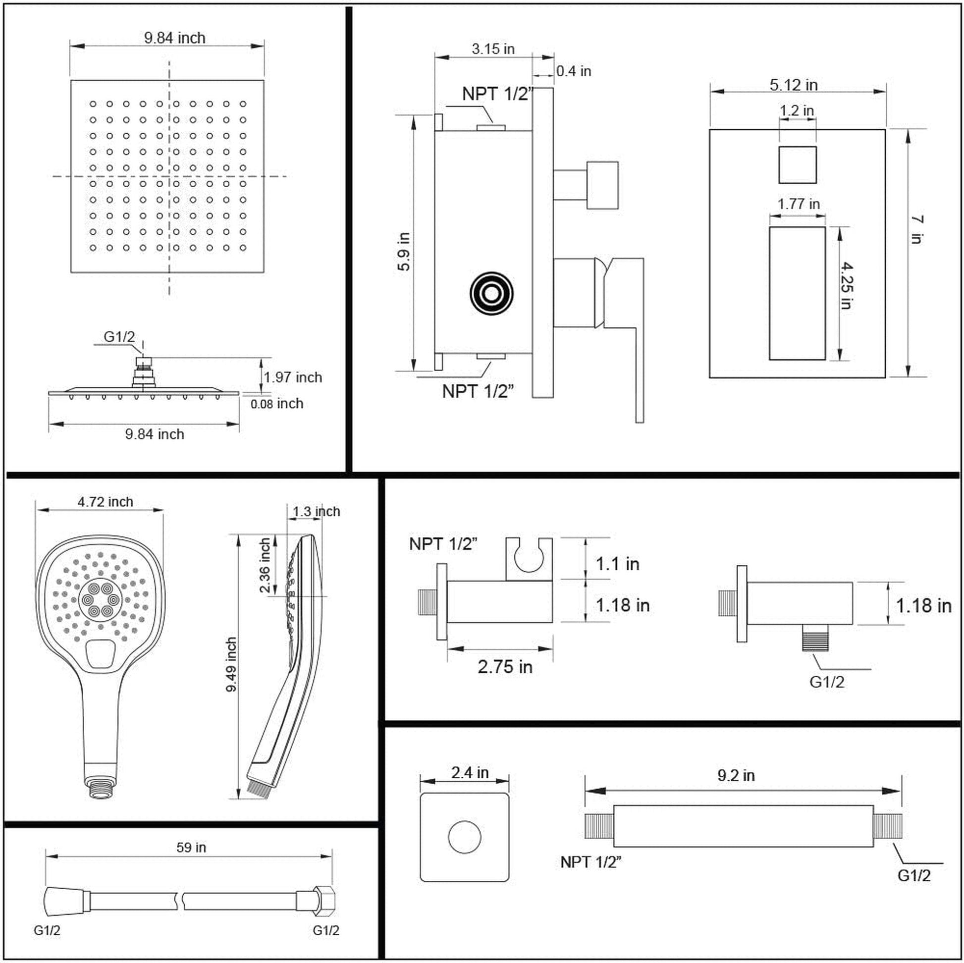 American Imaginations AI-36186 15" Chrome Square Stainless Steel Modern Shower Kit