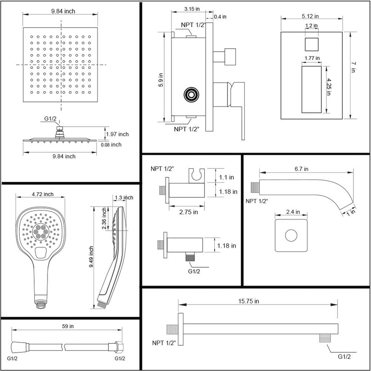 American Imaginations AI-36194 14" Black Square Stainless Steel Modern Shower Kit