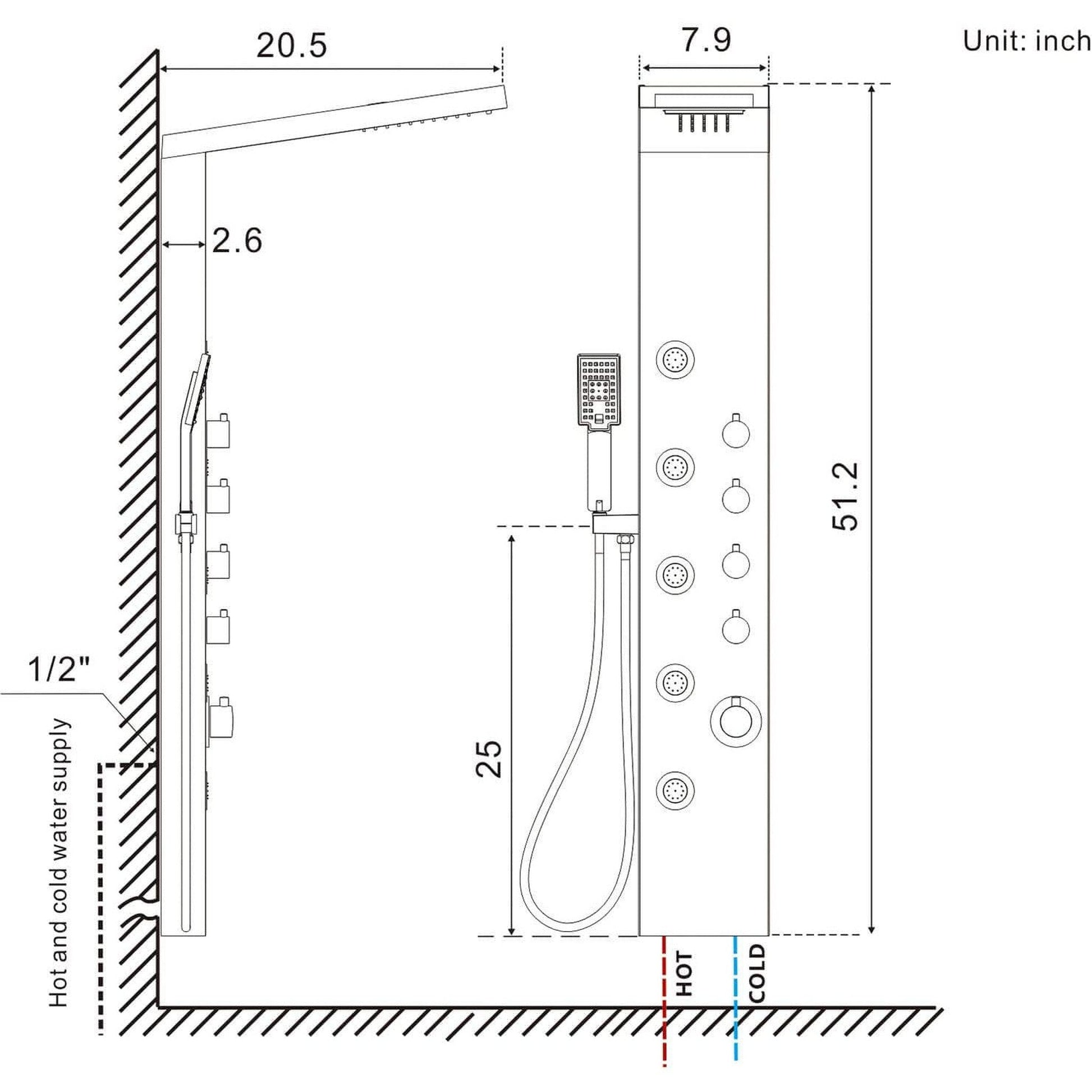 American Imaginations AI-36269 10" Silver Rectangle Stainless Steel-Brass Modern Shower Panel