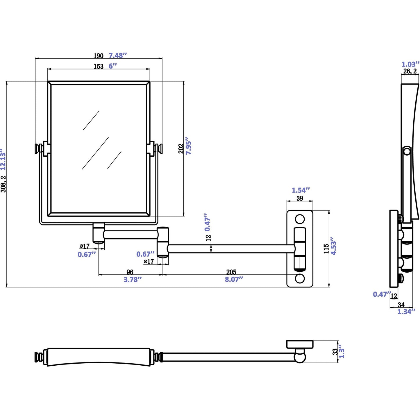 American Imaginations AI-646 16" Chrome Rectangular Wall Mount Modern Magnifying Mirror