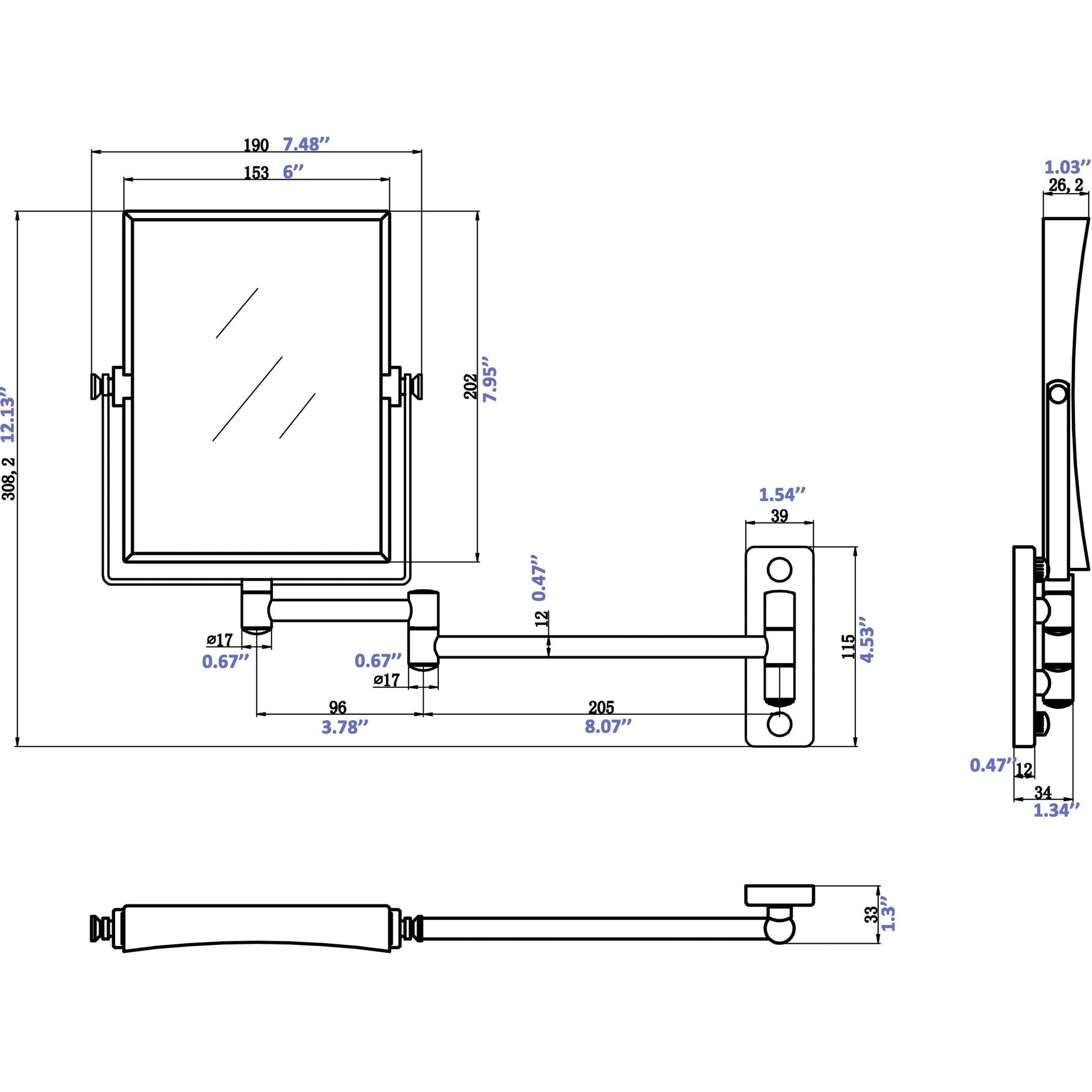 American Imaginations AI-646 16" Chrome Rectangular Wall Mount Modern Magnifying Mirror
