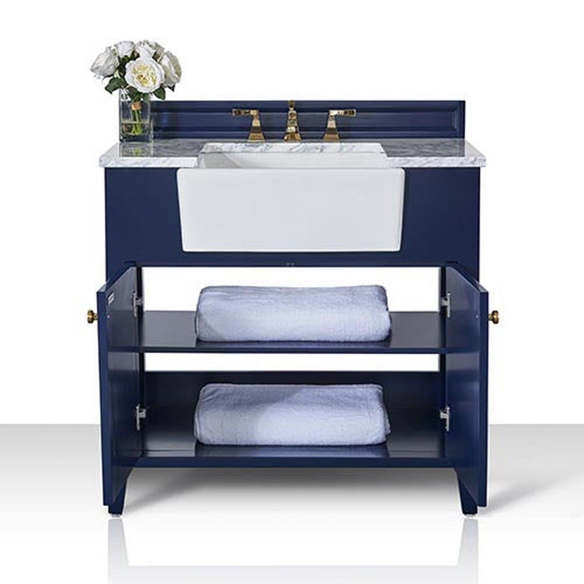 Ancerre Designs Adeline 36" 2-Door Heritage Blue Bathroom Vanity With White Marble Vanity Top, White Farmhouse Single Ceramic Sink, 4" Solid Wood Backsplash and Satin Brushed Gold Hardware