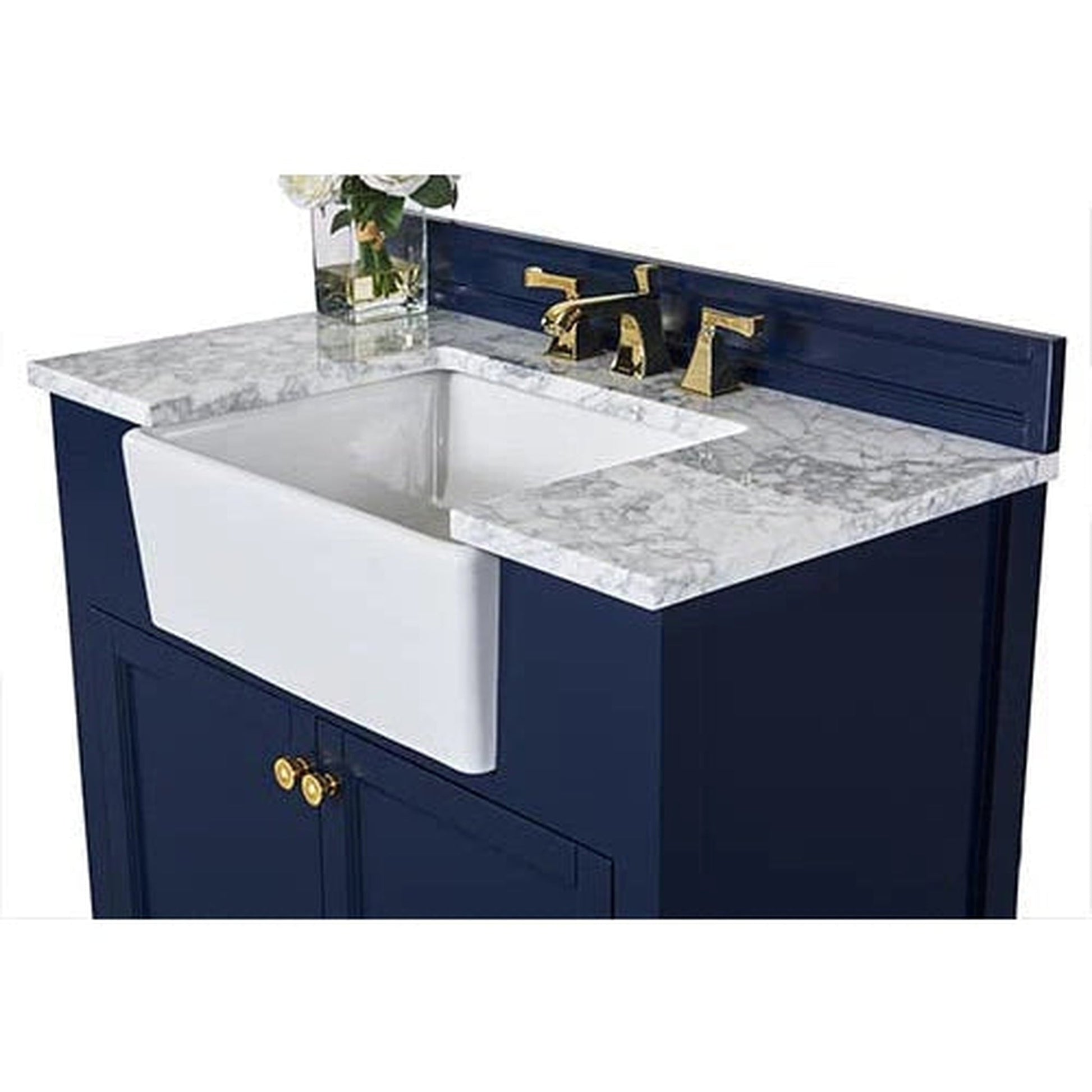 Ancerre Designs Adeline 36" 2-Door Heritage Blue Bathroom Vanity With White Marble Vanity Top, White Farmhouse Single Ceramic Sink, 4" Solid Wood Backsplash and Satin Brushed Gold Hardware