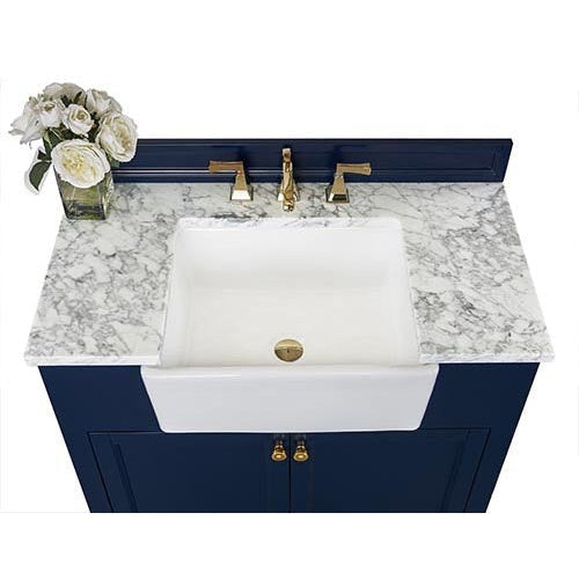 Ancerre Designs Adeline 36" 2-Door Heritage Blue Bathroom Vanity With White Marble Vanity Top, White Farmhouse Single Ceramic Sink, 4" Solid Wood Backsplash and Satin Brushed Gold Hardware