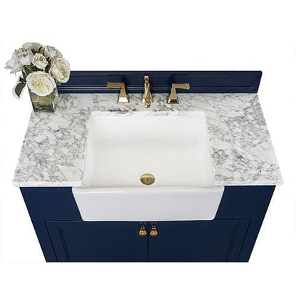 Ancerre Designs Adeline 36" 2-Door Heritage Blue Bathroom Vanity With White Marble Vanity Top, White Farmhouse Single Ceramic Sink, 4" Solid Wood Backsplash and Satin Brushed Gold Hardware