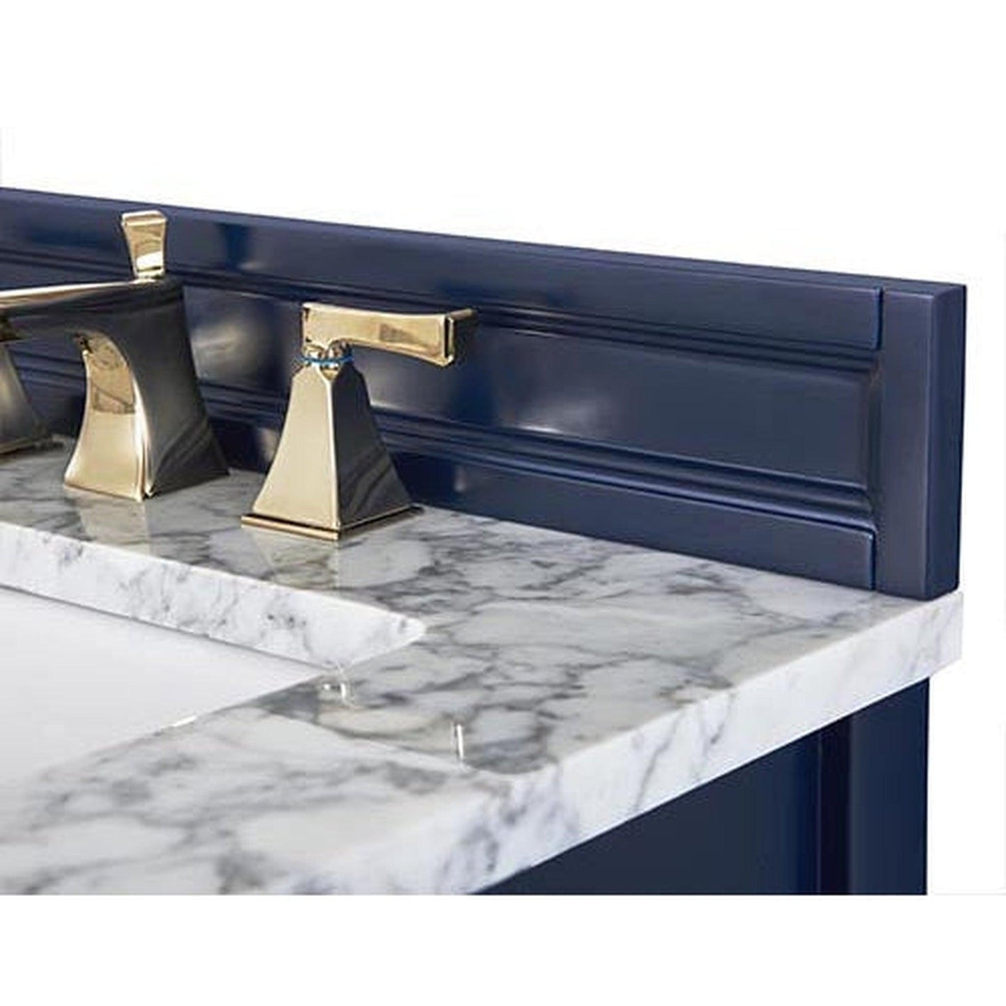 Ancerre Designs Adeline 36" 2-Door Heritage Blue Bathroom Vanity With White Marble Vanity Top, White Farmhouse Single Ceramic Sink, 4" Solid Wood Backsplash and Satin Brushed Gold Hardware