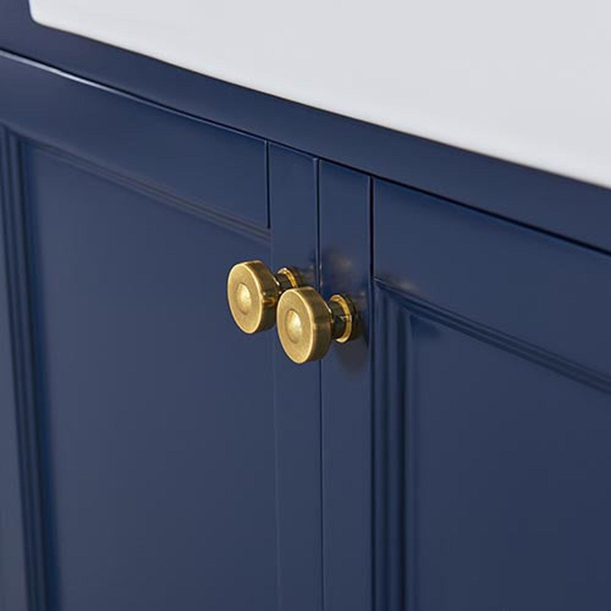 Ancerre Designs Adeline 36" 2-Door Heritage Blue Bathroom Vanity With White Marble Vanity Top, White Farmhouse Single Ceramic Sink, 4" Solid Wood Backsplash and Satin Brushed Gold Hardware