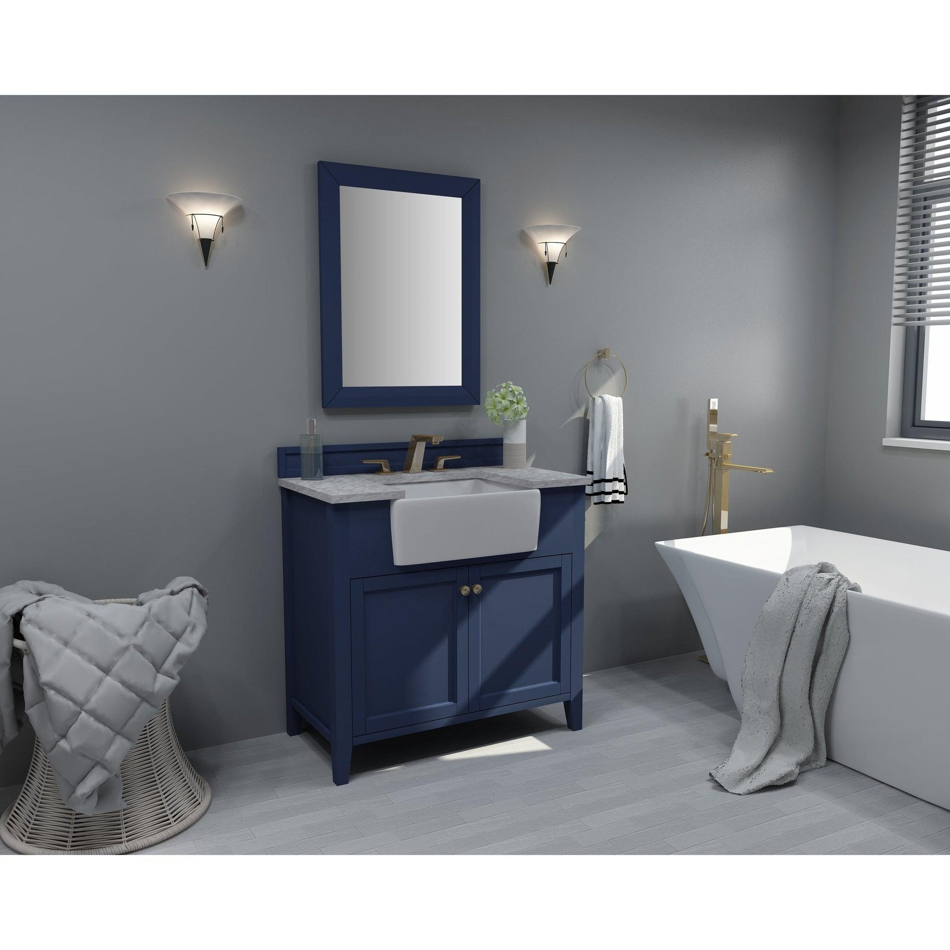 Ancerre Designs Adeline 36" 2-Door Heritage Blue Bathroom Vanity With White Marble Vanity Top, White Farmhouse Single Ceramic Sink, 4" Solid Wood Backsplash and Satin Brushed Gold Hardware