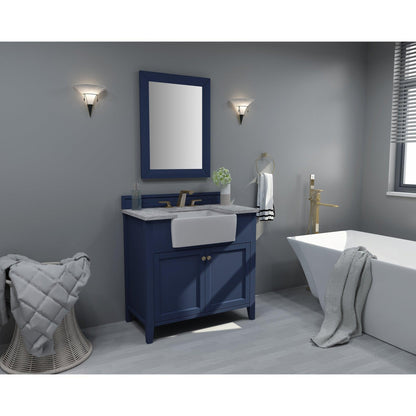 Ancerre Designs Adeline 36" 2-Door Heritage Blue Bathroom Vanity With White Marble Vanity Top, White Farmhouse Single Ceramic Sink, 4" Solid Wood Backsplash and Satin Brushed Gold Hardware