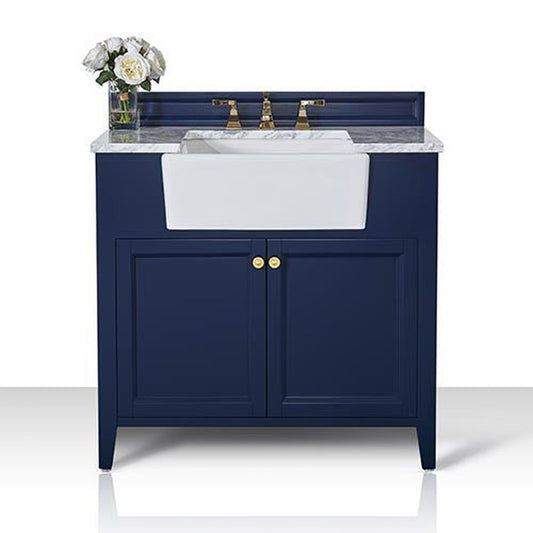 Ancerre Designs Adeline 36" 2-Door Heritage Blue Bathroom Vanity With White Marble Vanity Top, White Farmhouse Single Ceramic Sink, 4" Solid Wood Backsplash and Satin Brushed Gold Hardware