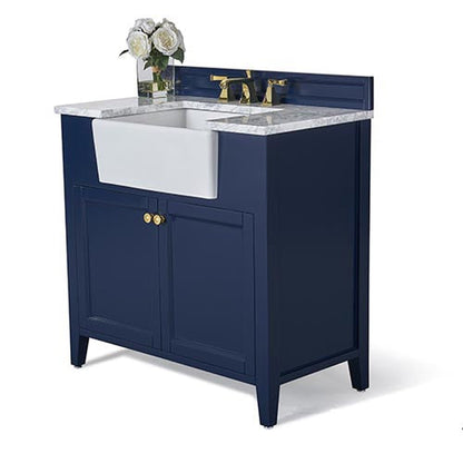 Ancerre Designs Adeline 36" Heritage Blue 2-Door Bathroom Vanity With White Marble Vanity Top, White Farmhouse Single Ceramic Sink, 4" Solid Wood Backsplash and Satin Brushed Gold Hardware