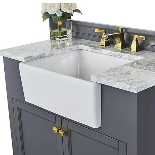 Ancerre Designs Adeline 36" Sapphire Gray 2-Door Bathroom Vanity With White Marble Vanity Top, White Farmhouse Single Ceramic Sink, 4" Solid Wood Backsplash and Satin Brushed Gold Hardware