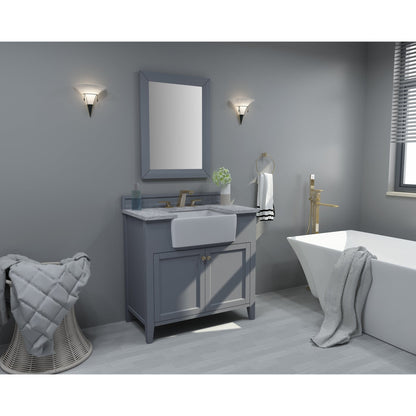 Ancerre Designs Adeline 36" Sapphire Gray 2-Door Bathroom Vanity With White Marble Vanity Top, White Farmhouse Single Ceramic Sink, 4" Solid Wood Backsplash and Satin Brushed Gold Hardware