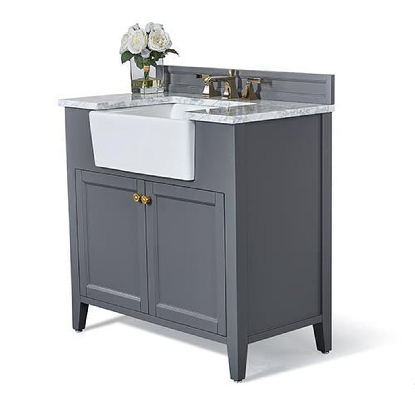 Ancerre Designs Adeline 36" Sapphire Gray 2-Door Bathroom Vanity With White Marble Vanity Top, White Farmhouse Single Ceramic Sink, 4" Solid Wood Backsplash and Satin Brushed Gold Hardware