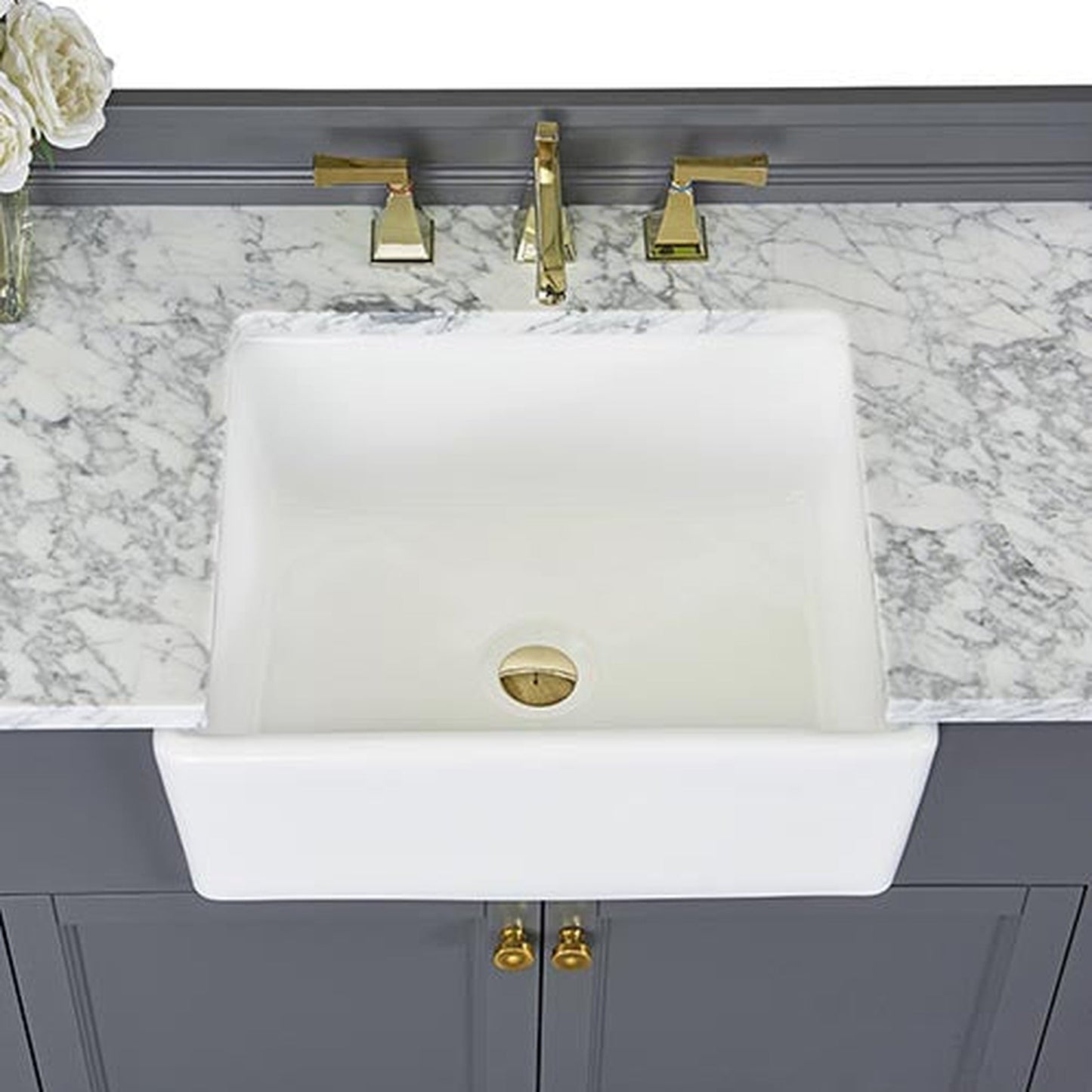 Ancerre Designs Adeline 36" Sapphire Gray 2-Door Bathroom Vanity With White Marble Vanity Top, White Farmhouse Single Ceramic Sink, 4" Solid Wood Backsplash and Satin Brushed Gold Hardware