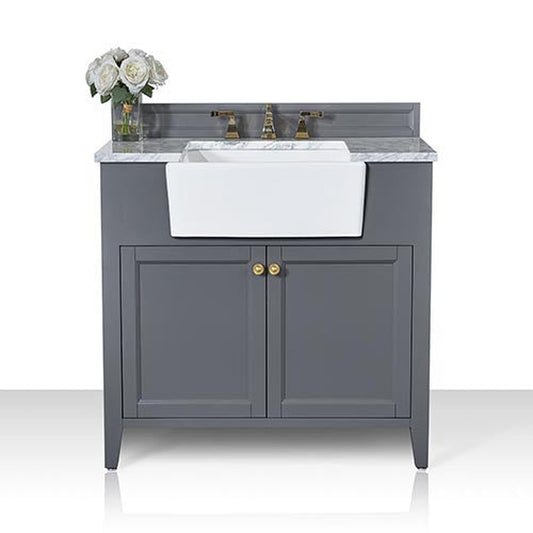 Ancerre Designs Adeline 36" Sapphire Gray 2-Door Bathroom Vanity With White Marble Vanity Top, White Farmhouse Single Ceramic Sink, 4" Solid Wood Backsplash and Satin Brushed Gold Hardware