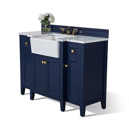 Ancerre Designs Adeline 48" 4-Door 2-Drawer Heritage Blue Bathroom Vanity With White Marble Vanity Top, White Farmhouse Single Ceramic Sink, 4" Solid Wood Backsplash and Satin Brushed Gold Hardware