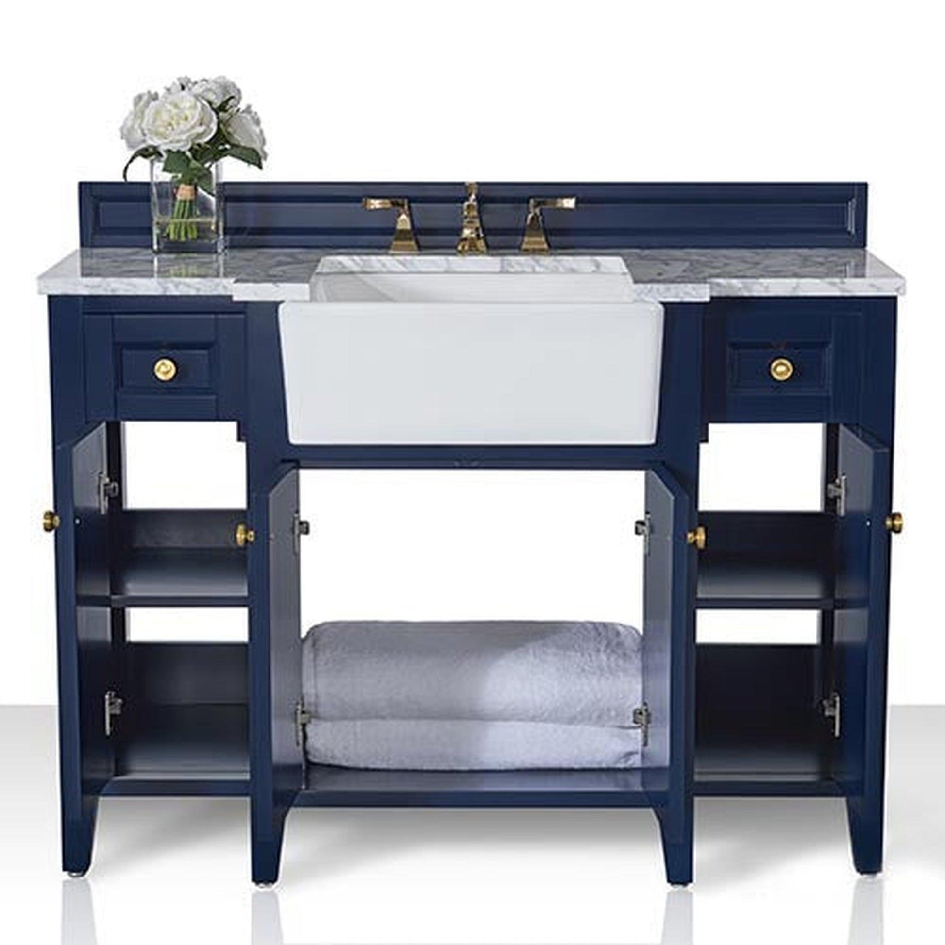 Ancerre Designs Adeline 48" 4-Door 2-Drawer Heritage Blue Bathroom Vanity With White Marble Vanity Top, White Farmhouse Single Ceramic Sink, 4" Solid Wood Backsplash and Satin Brushed Gold Hardware