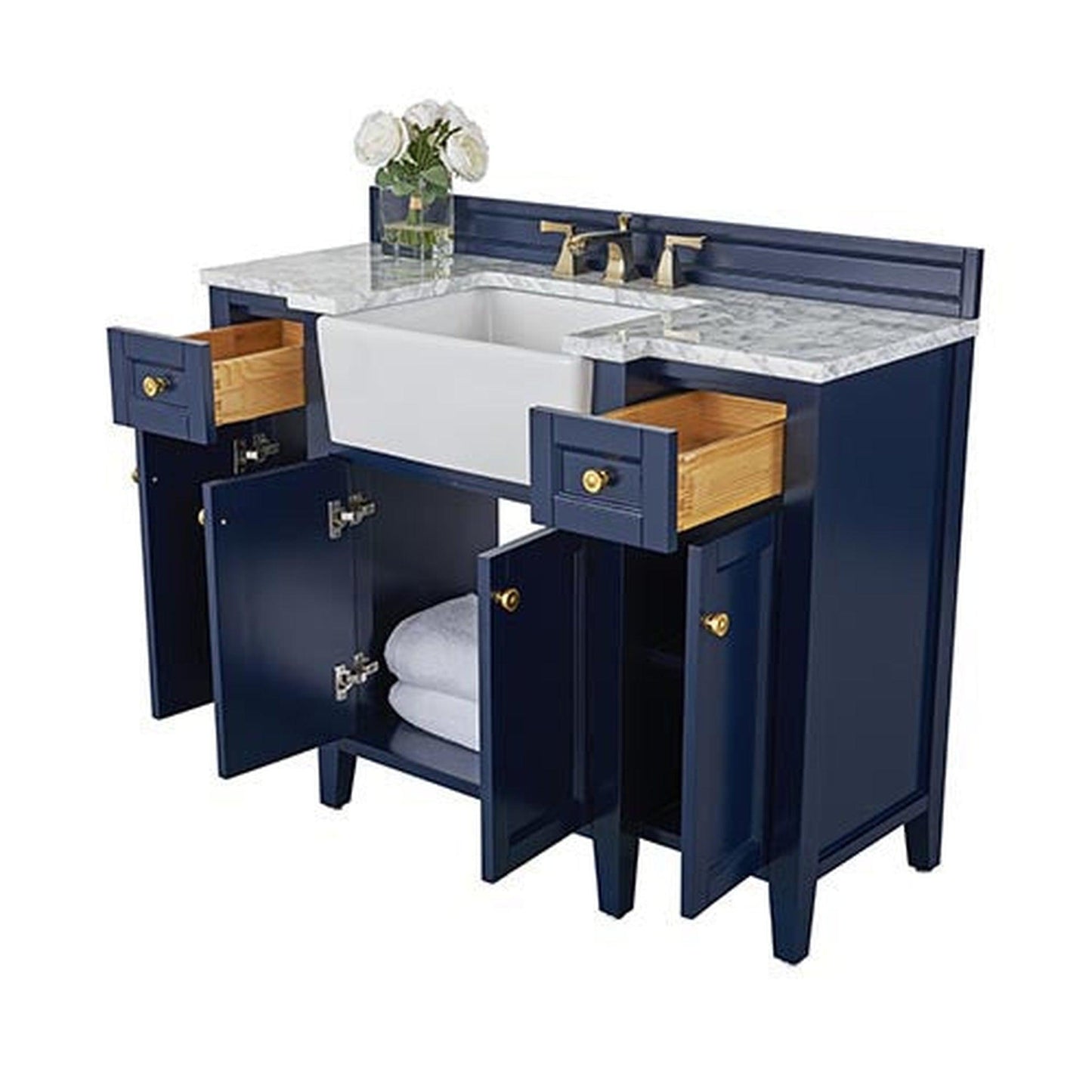 Ancerre Designs Adeline 48" 4-Door 2-Drawer Heritage Blue Bathroom Vanity With White Marble Vanity Top, White Farmhouse Single Ceramic Sink, 4" Solid Wood Backsplash and Satin Brushed Gold Hardware