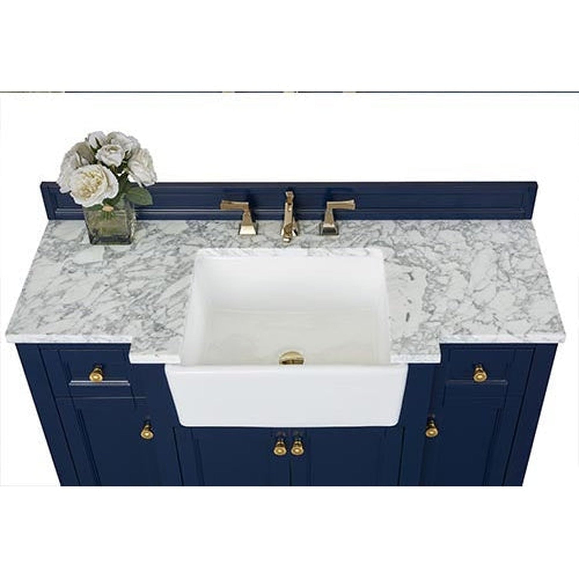Ancerre Designs Adeline 48" 4-Door 2-Drawer Heritage Blue Bathroom Vanity With White Marble Vanity Top, White Farmhouse Single Ceramic Sink, 4" Solid Wood Backsplash and Satin Brushed Gold Hardware