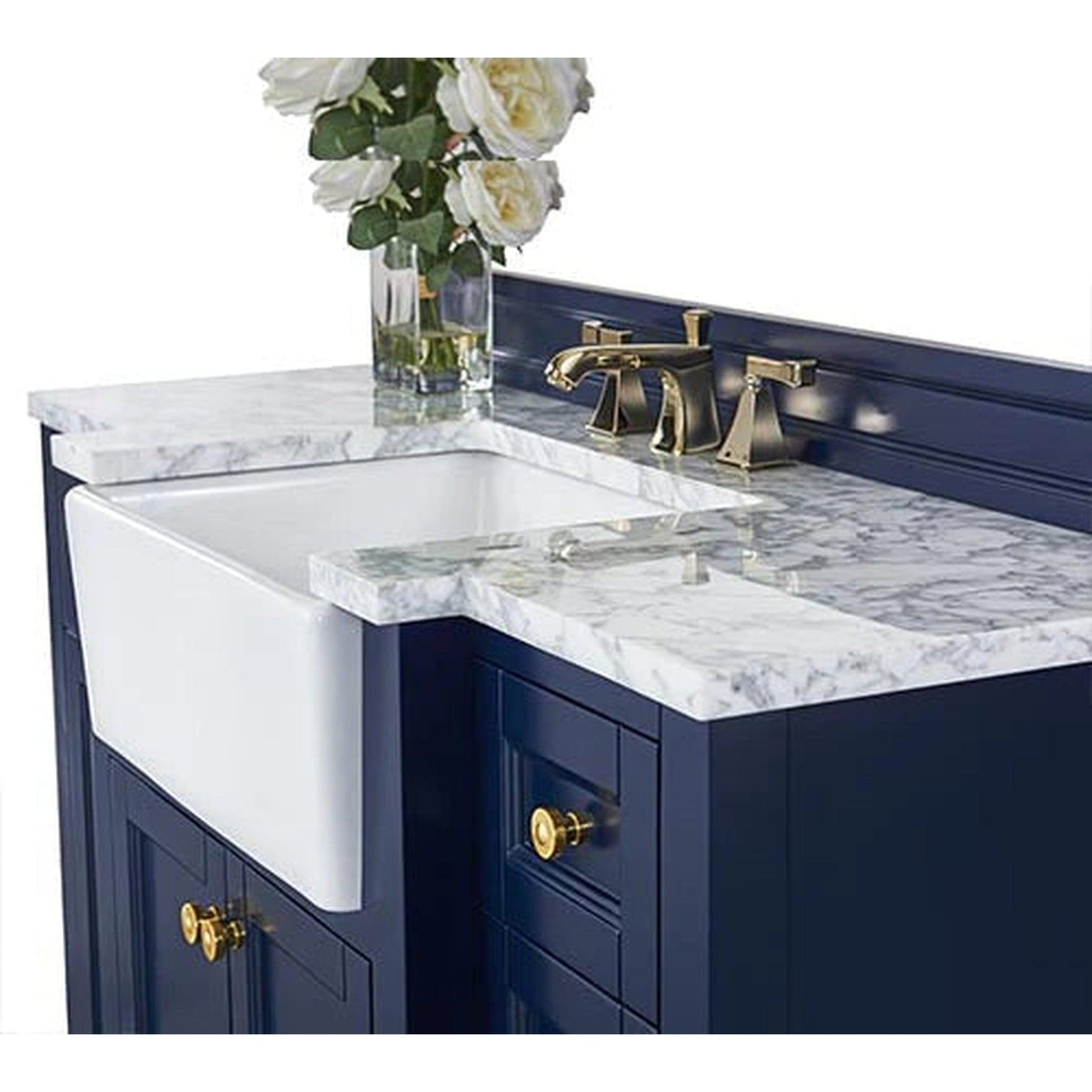 Ancerre Designs Adeline 48" 4-Door 2-Drawer Heritage Blue Bathroom Vanity With White Marble Vanity Top, White Farmhouse Single Ceramic Sink, 4" Solid Wood Backsplash and Satin Brushed Gold Hardware