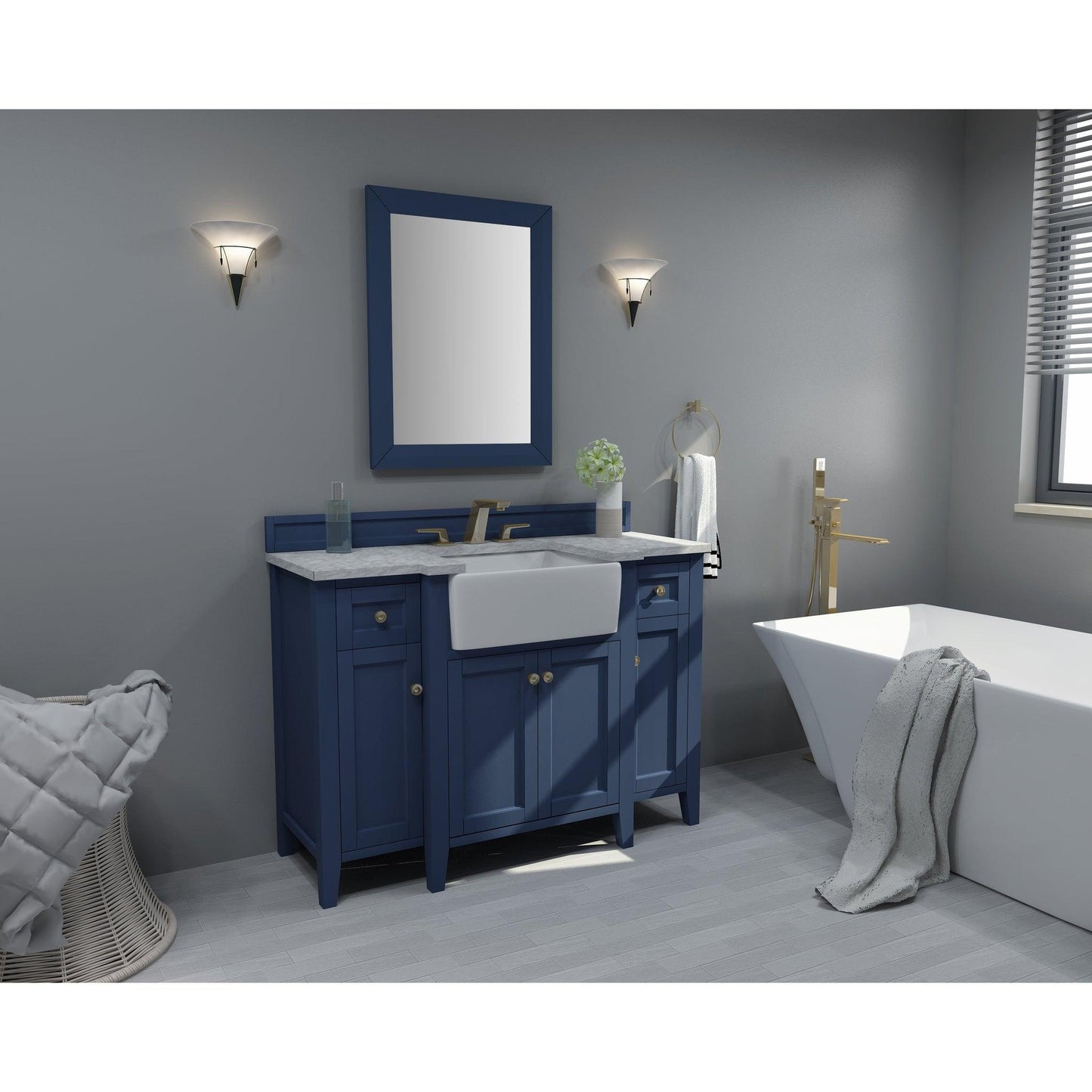 Ancerre Designs Adeline 48" 4-Door 2-Drawer Heritage Blue Bathroom Vanity With White Marble Vanity Top, White Farmhouse Single Ceramic Sink, 4" Solid Wood Backsplash and Satin Brushed Gold Hardware