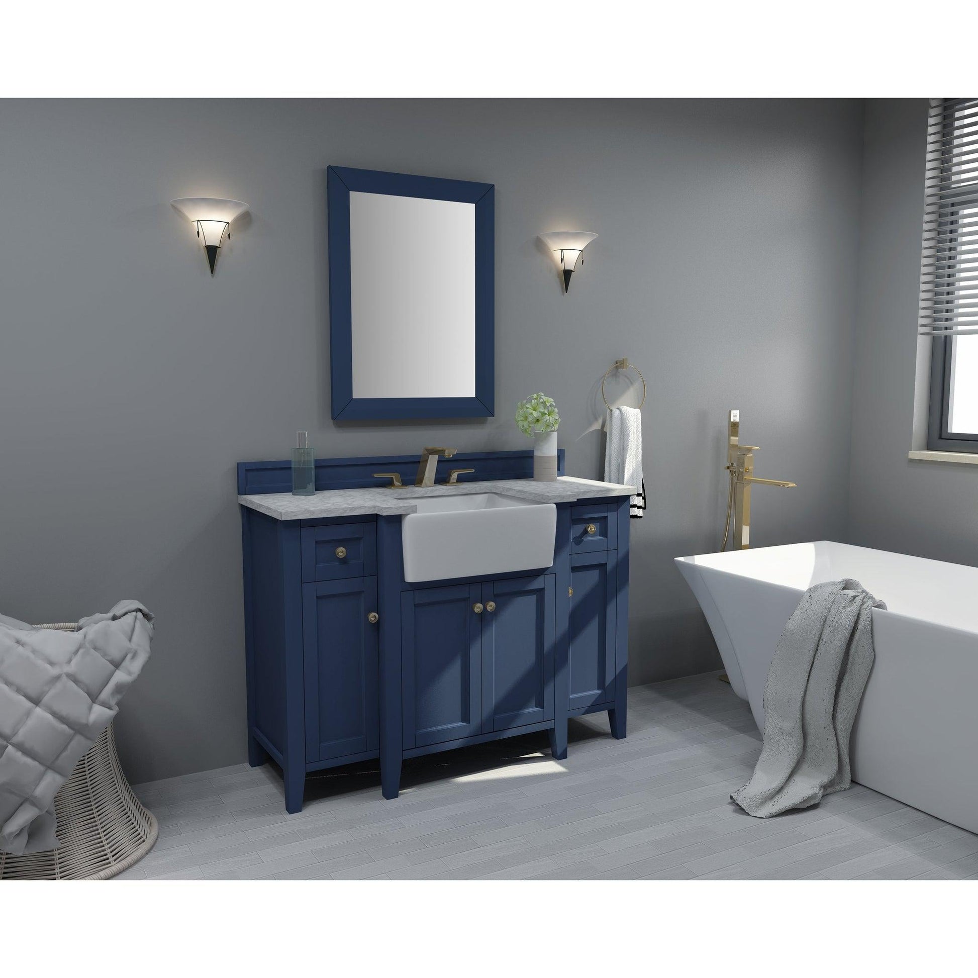 Ancerre Designs Adeline 48" 4-Door 2-Drawer Heritage Blue Bathroom Vanity With White Marble Vanity Top, White Farmhouse Single Ceramic Sink, 4" Solid Wood Backsplash and Satin Brushed Gold Hardware
