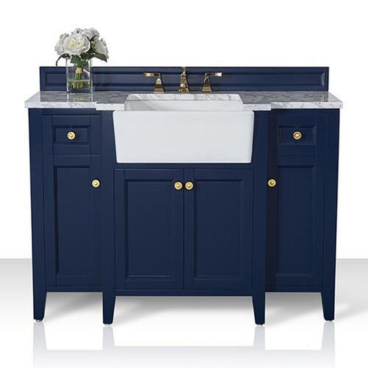 Ancerre Designs Adeline 48" 4-Door 2-Drawer Heritage Blue Bathroom Vanity With White Marble Vanity Top, White Farmhouse Single Ceramic Sink, 4" Solid Wood Backsplash and Satin Brushed Gold Hardware