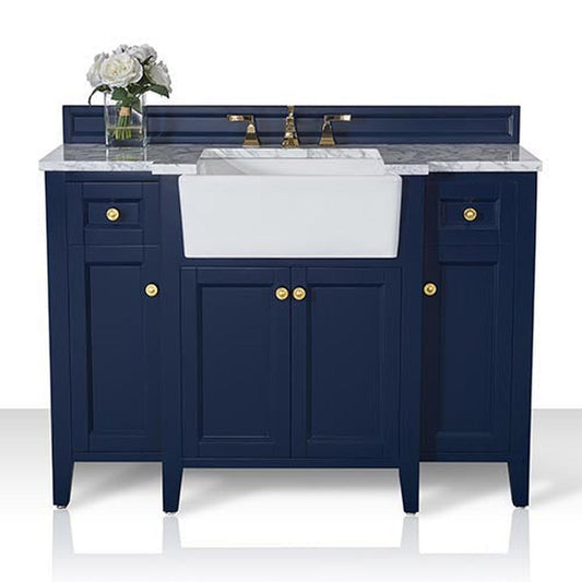 Ancerre Designs Adeline 48" Heritage Blue 4-Door 2-Drawer Bathroom Vanity With White Marble Vanity Top, White Farmhouse Single Ceramic Sink, 4" Solid Wood Backsplash and Satin Brushed Gold Hardware