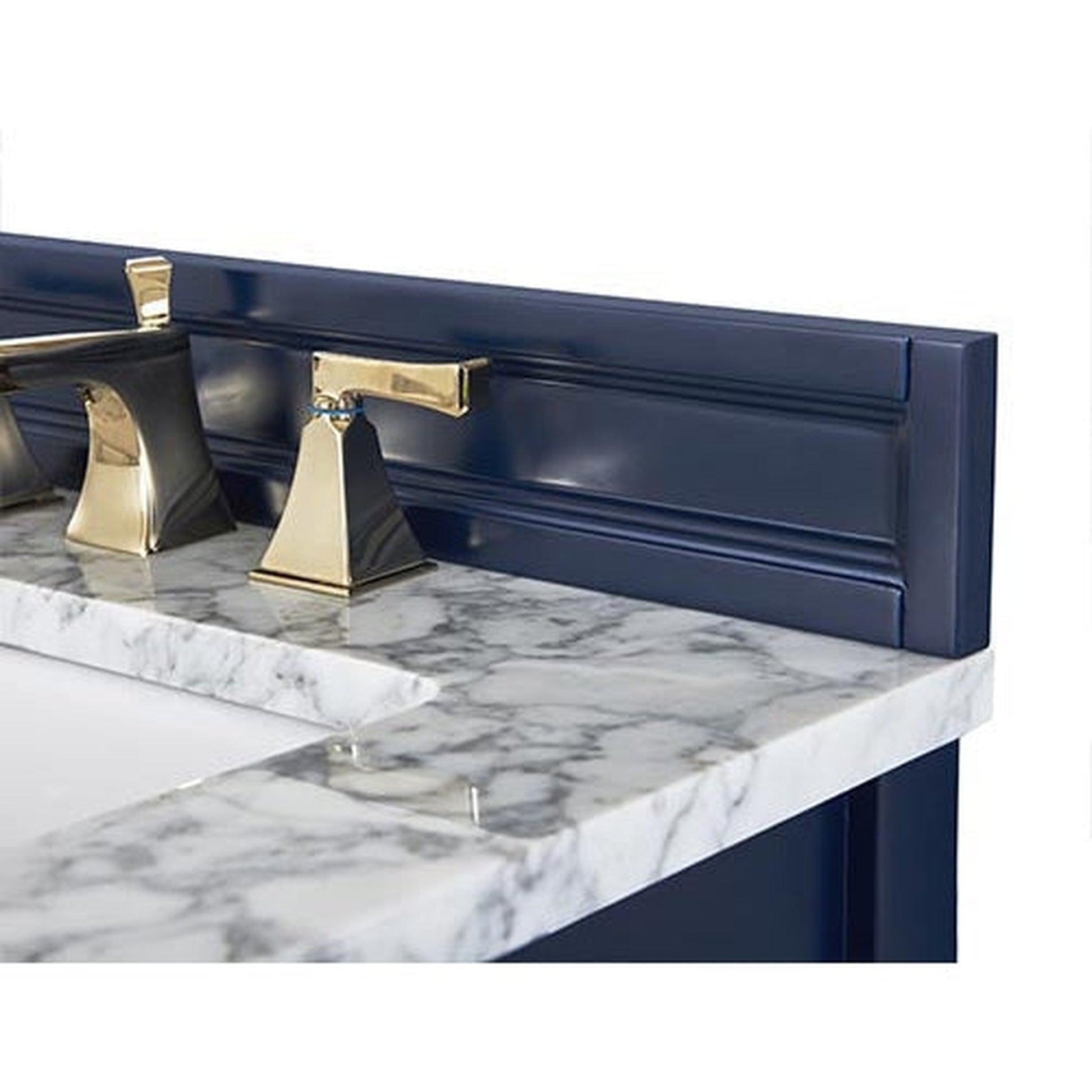 Ancerre Designs Adeline 48" Heritage Blue 4-Door 2-Drawer Bathroom Vanity With White Marble Vanity Top, White Farmhouse Single Ceramic Sink, 4" Solid Wood Backsplash and Satin Brushed Gold Hardware